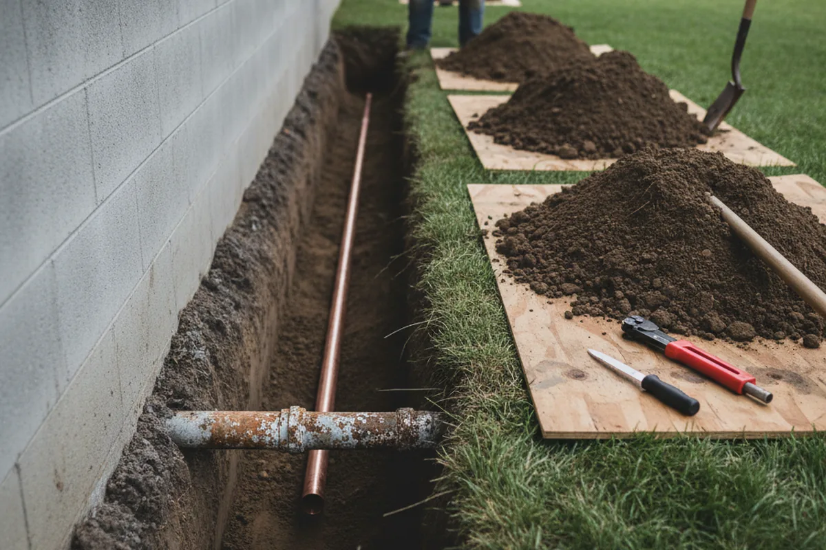 Excavated water line trench during Water Heater Repair in Drift